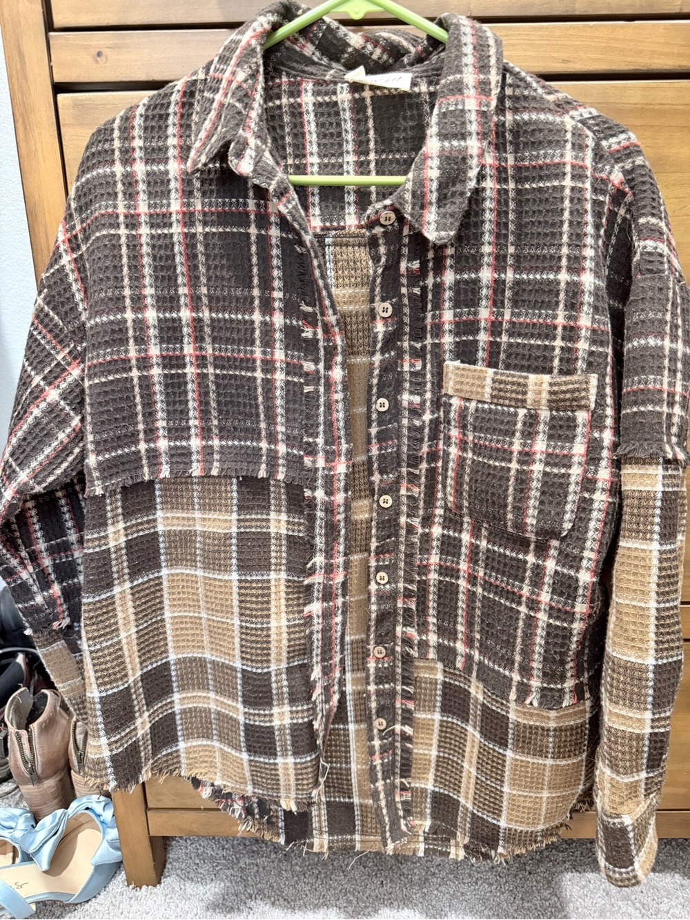 Brown Plaid Button-Up Shacket with Tan & Cream Accents